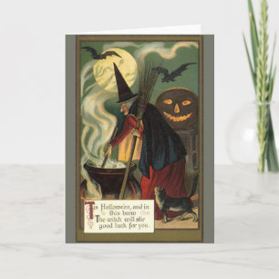 Vintage Halloween Witch Stirring Magic Cauldron Card