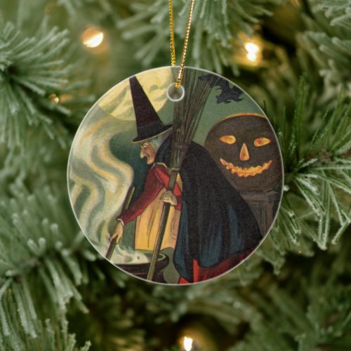 Vintage Halloween Witch Stirring Magic Cauldron Ceramic Ornament