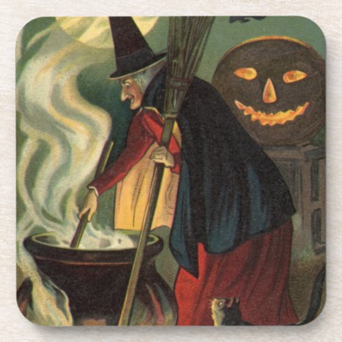 Vintage Halloween Witch Stirring Magic Cauldron Coaster