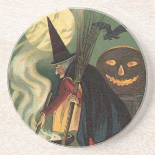 Vintage Halloween Witch Stirring Magic Cauldron Drink Coaster