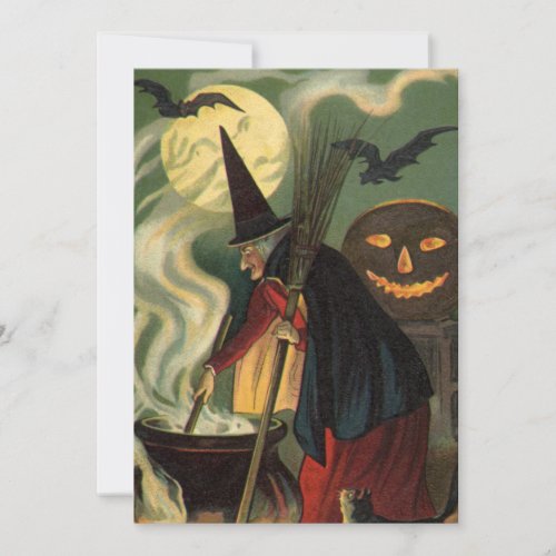 Vintage Halloween Witch Stirring Magic Cauldron Invitation