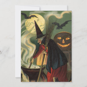 Vintage Halloween Witch Stirring Magic Cauldron Invitation