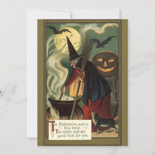 Vintage Halloween Witch Stirring Magic Cauldron Invitation