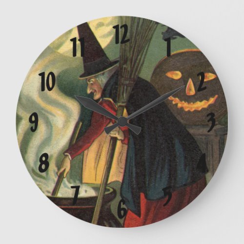 Vintage Halloween Witch Stirring Magic Cauldron Large Clock