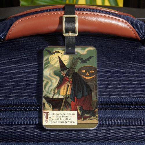 Vintage Halloween Witch Stirring Magic Cauldron Luggage Tag