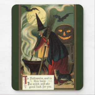 Vintage Halloween Witch Stirring Magic Cauldron Mouse Pad