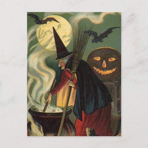 Vintage Halloween Witch Stirring Magic Cauldron Postcard