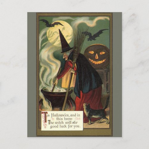 Vintage Halloween Witch Stirring Magic Cauldron Postcard