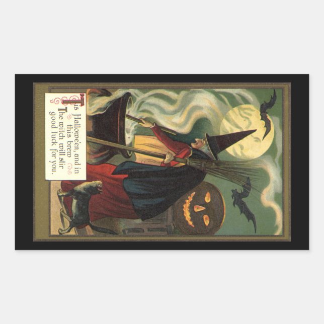 Vintage Halloween Witch Stirring Magic Cauldron Rectangular Sticker (Front)