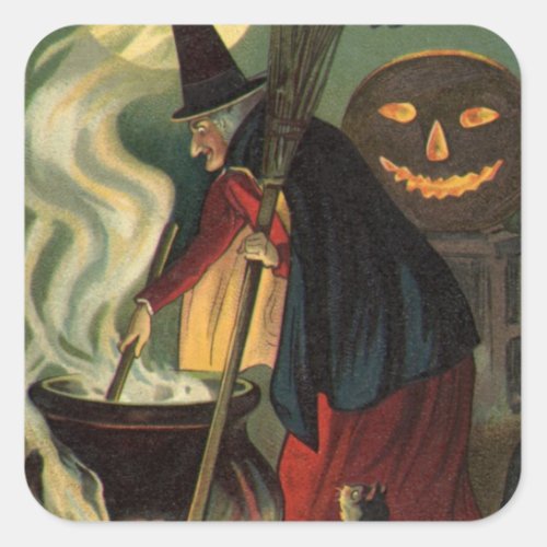 Vintage Halloween Witch Stirring Magic Cauldron Square Sticker