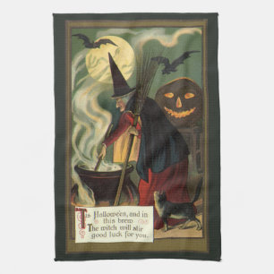 Vintage Halloween Witch Stirring Magic Cauldron Towel