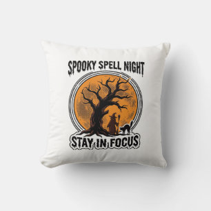 Vintage Halloween Witch Tree and Black Cat Graphic Throw Pillow