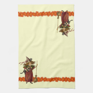 Vintage Halloween Witch w Cat Towels