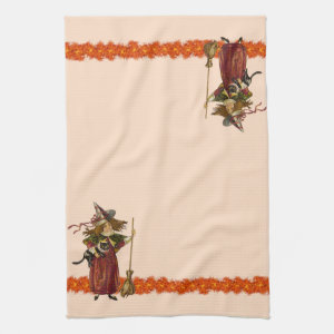 Vintage Halloween Witch w Cat Towels