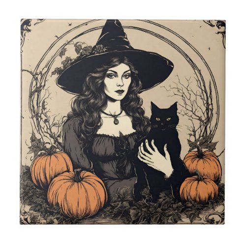 Vintage Halloween Witch with Black Cat Pumpkins  Ceramic Tile