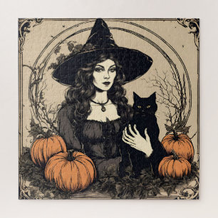 Vintage Halloween Witch with Black Cat, Pumpkins Jigsaw Puzzle