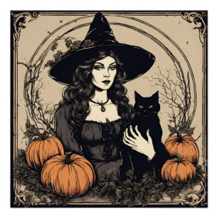 Vintage Halloween Witch with Black Cat, Pumpkins  Poster