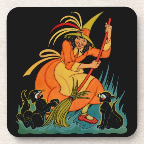 Vintage Halloween Witch with Black Cats Coasters