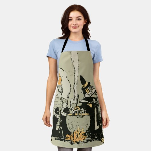 Vintage Halloween Witch with Cauldron and Cats Apron