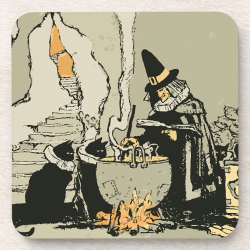 Vintage Halloween Witch with Cauldron and Cats Coaster