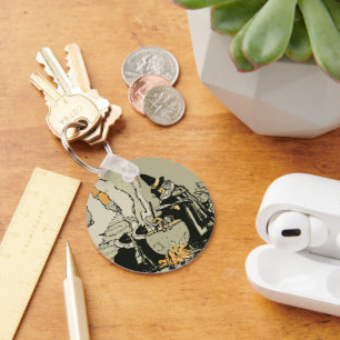 Vintage Halloween, Witch with Cauldron and Cats Keychain