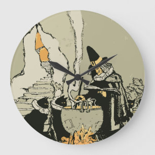 Vintage Halloween, Witch with Cauldron and Cats Large Clock