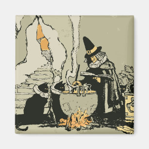 Vintage Halloween, Witch with Cauldron and Cats Magnet