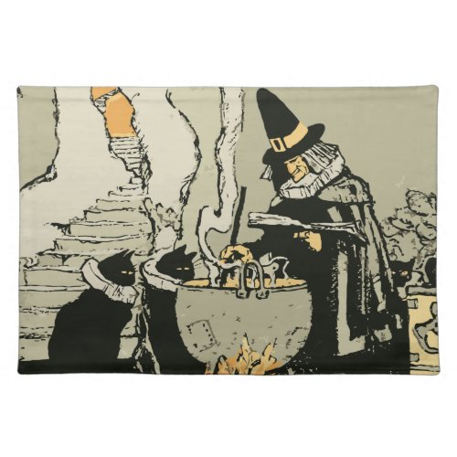 Vintage Halloween Witch with Cauldron and Cats Placemat