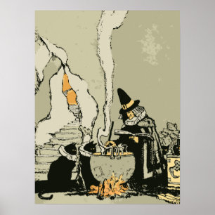 Vintage Halloween, Witch with Cauldron and Cats Poster