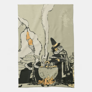 Vintage Halloween, Witch with Cauldron and Cats Towel