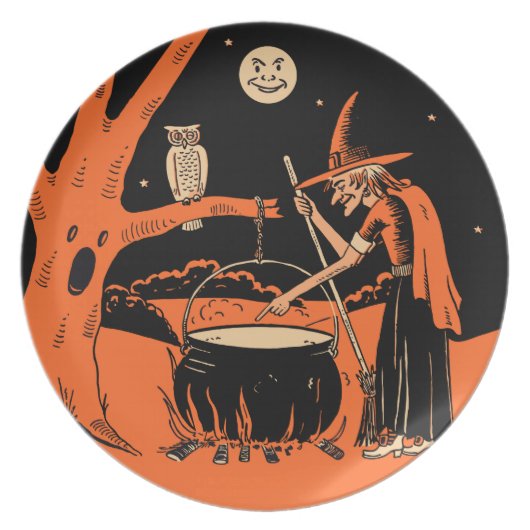 Vintage Halloween Witch with Cauldron Dinner Plate (Front)