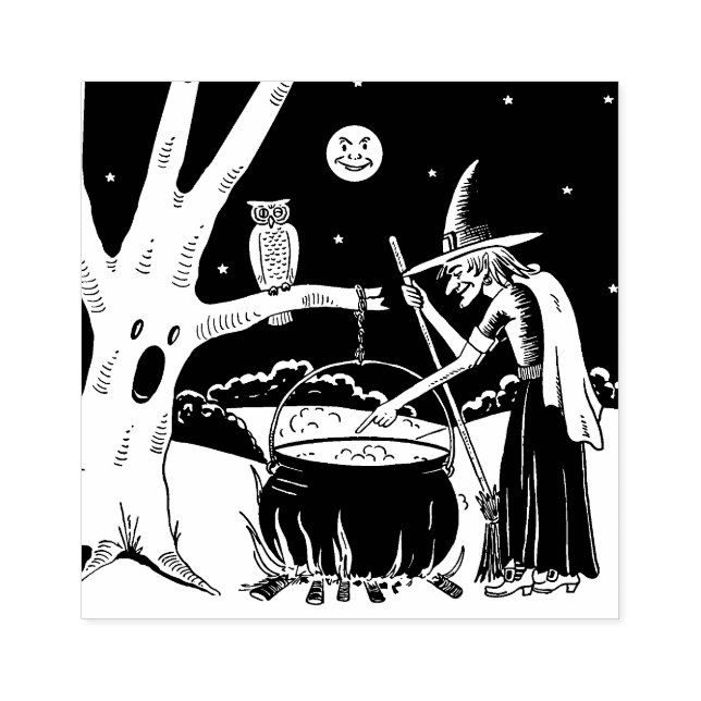 Vintage Halloween Witch with Cauldron Rubber Stamp (Imprint)