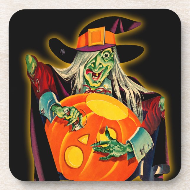 Vintage Halloween Witch with Jack O'Lanten Beverage Coaster (Front)
