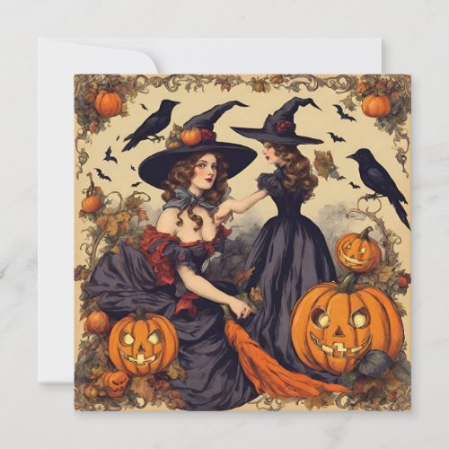 Vintage Halloween Witches and Jack_O_Lantern Card