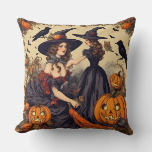 Vintage Halloween Witches and Jack-O'-Lantern Throw Pillow