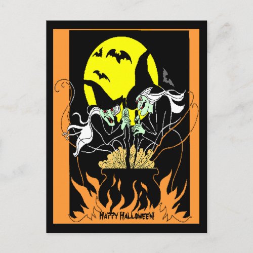 Vintage Halloween Witches Cauldron Postcard