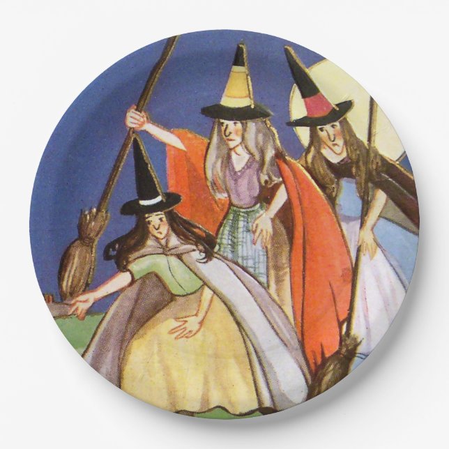 vintage Halloween witches Holiday Paper Plates (Front)