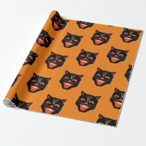 Vintage Halloween Witches Smiling Black Cat Head Wrapping Paper