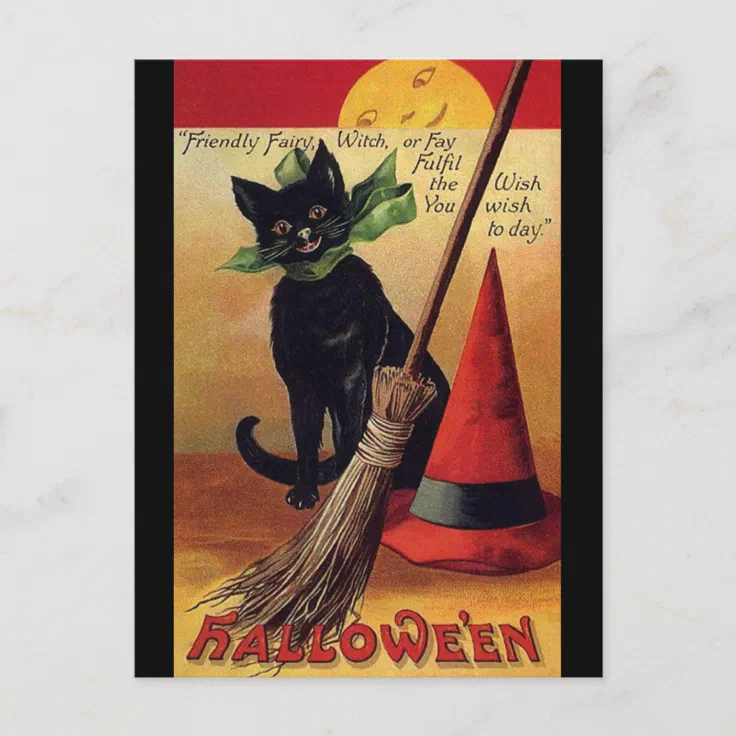 Vintage Halloween with a Black Cat and Witch's Hat Postcard