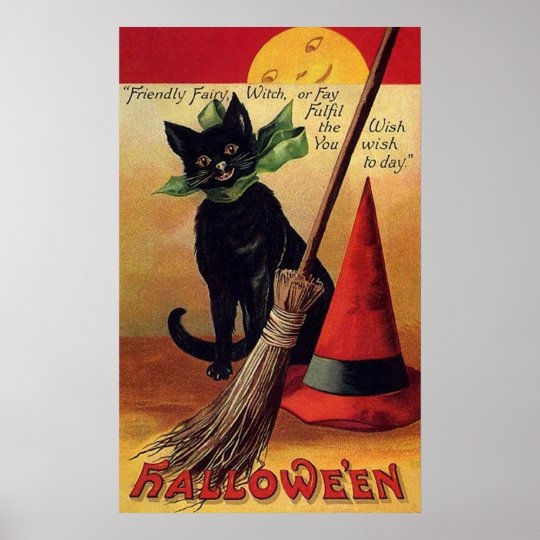 Vintage Halloween With A Black Cat And Witch S Hat Poster Zazzle Com
