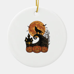 Vintage Halloween Wolf Moon Pumpkin Shirt Design_1 Ceramic Ornament