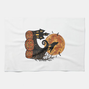 Vintage Halloween Wolf Moon Pumpkin Shirt Design_1 Kitchen Towel