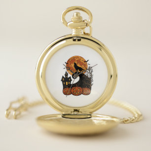 Vintage Halloween Wolf Moon Pumpkin Shirt Design_1 Pocket Watch
