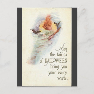 vintage-halloween-woman-bats-broomstick-card postcard