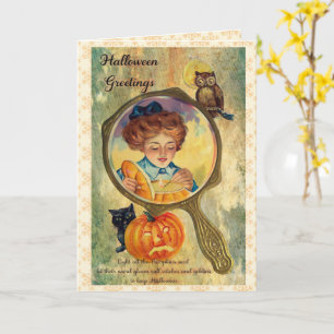 Vintage Halloween Woman, Pumpkin, and Owl Card