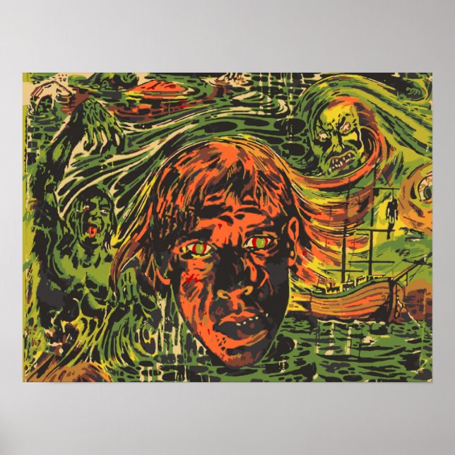 Vintage Halloween Zombies, Grafitti Street Art Poster (Front)