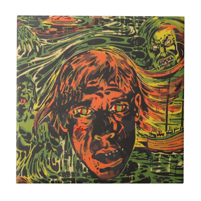 Vintage Halloween Zombies, Grafitti Street Art Tile (Front)