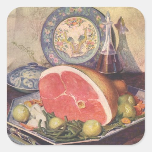 Vintage Ham Dinner with Green Beans and Potatoes Square Sticker