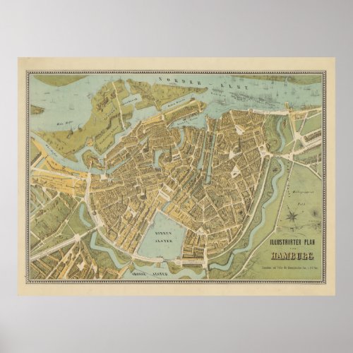 Vintage Hamburg Germany Map 1854 Poster