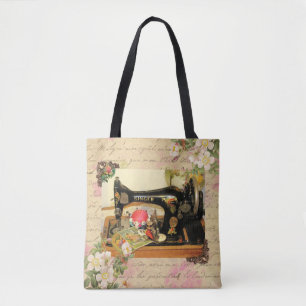 Vintage Hand Crank Sewing Machine & Notions Tote Bag